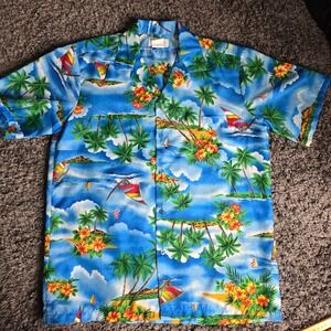 Seawind Mens Hawaiian Shirt Blue Tropical Palm Tree Sailboat Print Medium Hawaii